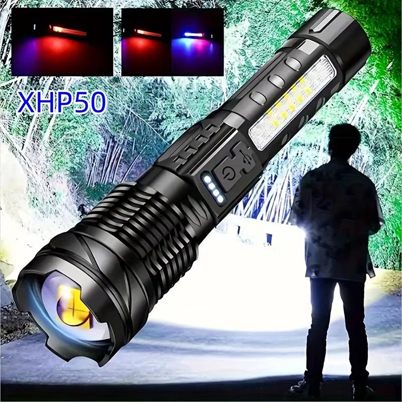 30W COB Strong LED Flashlight Portable Rechargeable Zoomable Hand Lamp1000 Lumens Torch Built in Battery with Power Display