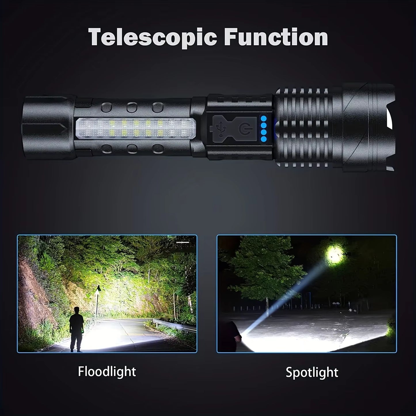 30W COB Strong LED Flashlight Portable Rechargeable Zoomable Hand Lamp1000 Lumens Torch Built in Battery with Power Display