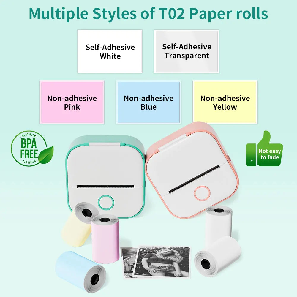 Mini Sticker Printer  T02 Thermal Portable Inkless Pocket Phone Printer Compatible with Android Ios Instantly Print Fun