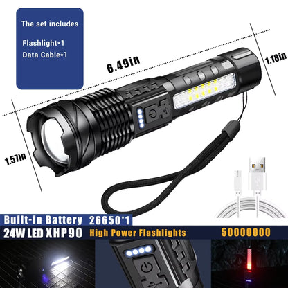 30W COB Strong LED Flashlight Portable Rechargeable Zoomable Hand Lamp1000 Lumens Torch Built in Battery with Power Display