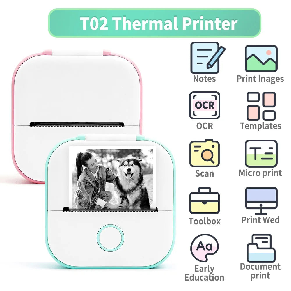 Mini Sticker Printer  T02 Thermal Portable Inkless Pocket Phone Printer Compatible with Android Ios Instantly Print Fun